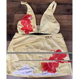 Modlily Women's Mid Waisted Floral Print Light Yellow Bikini Set M Top L Bottom